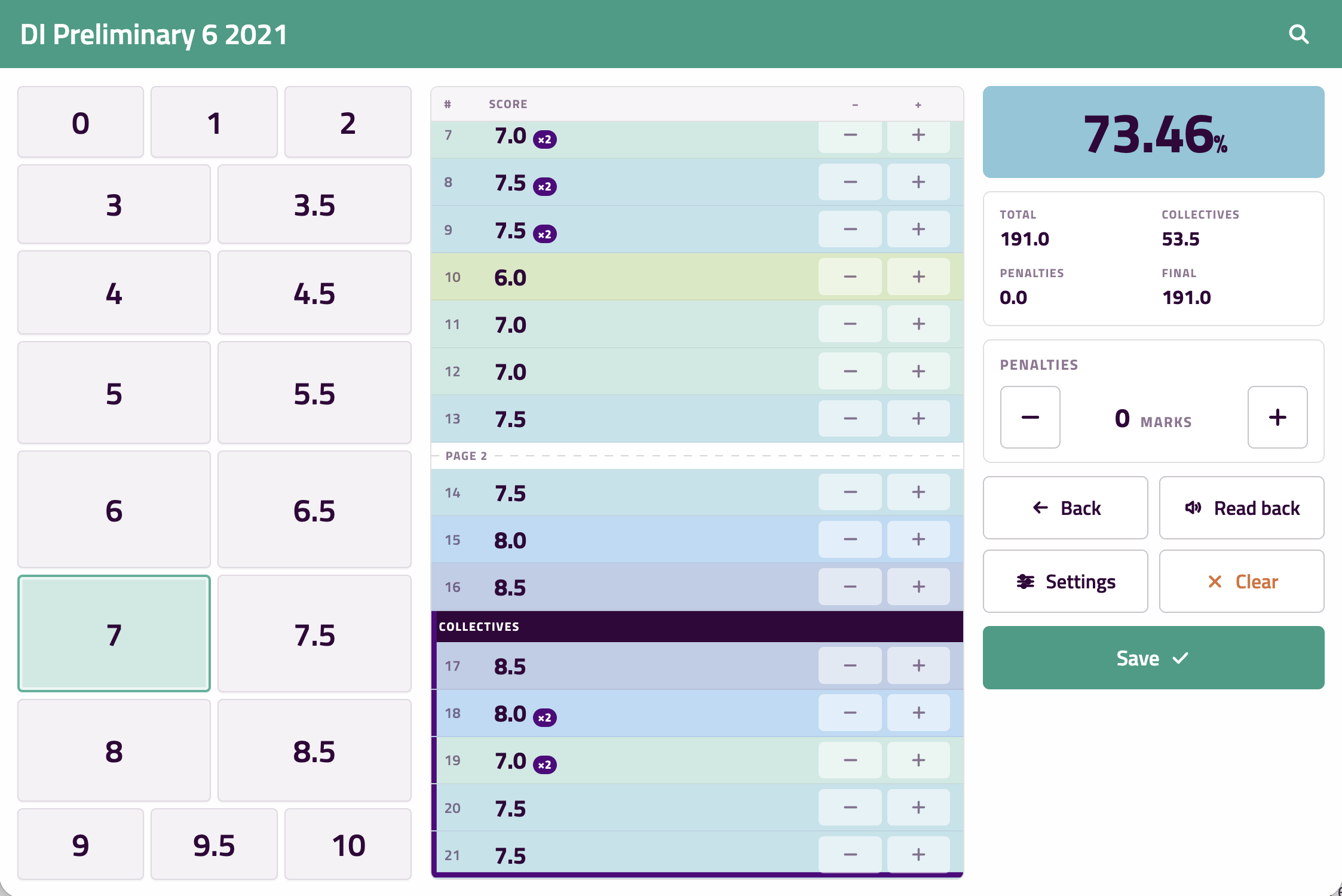 The calculator on a tablet: the 0-10 keypad, the scoresheet with colour-coded marks and coefficients, and a 73.46% result